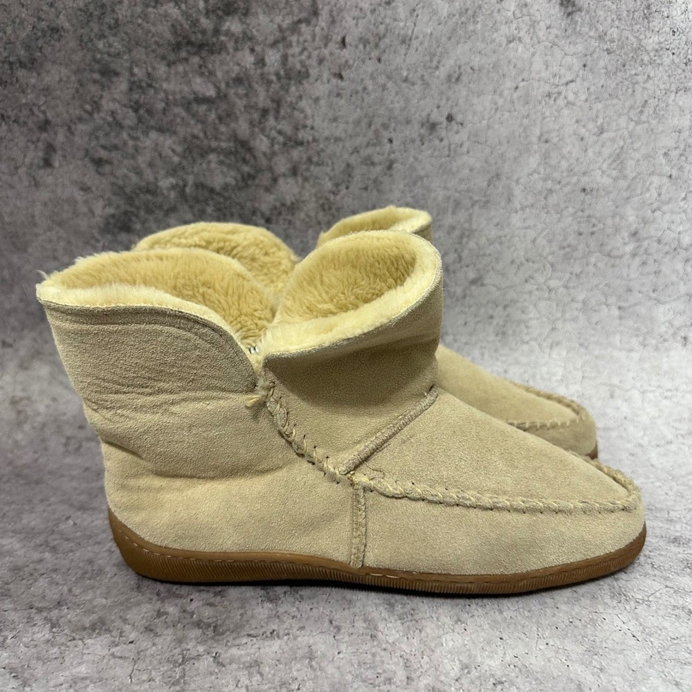 Minnetonka Ankle Boots Womens 10 Tan Suede Shearling Lined Moccasin Slippers